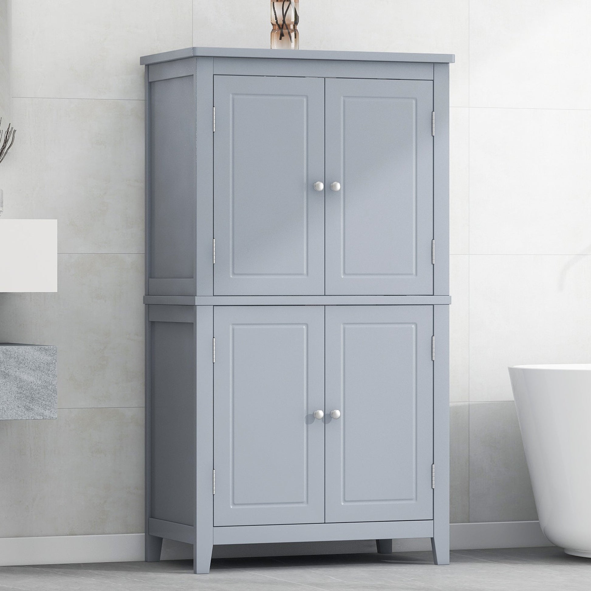 Bathroom floor storage cabinet, bathroom storage cabinet, 4-door independent cabinet, adjustable shelf, adaptive shelf, gray - Korvel