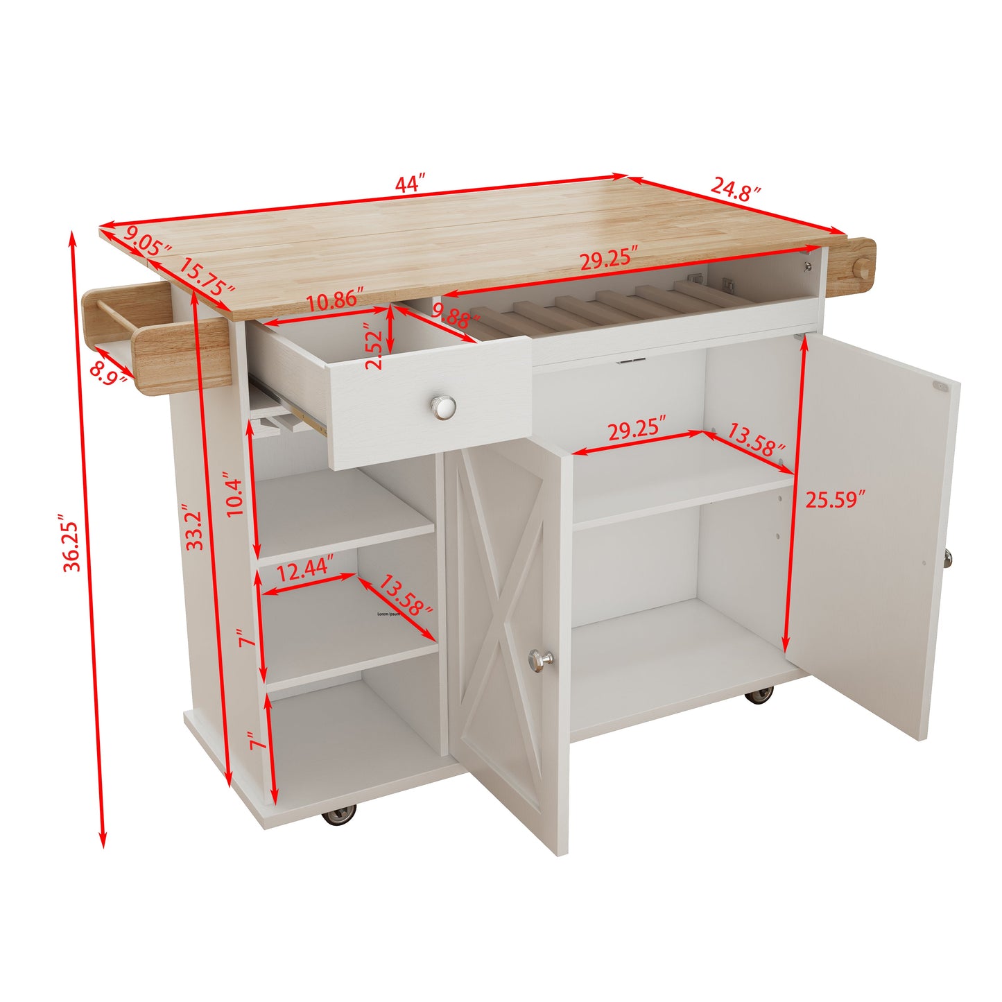 44 Inch Kitchen Island Cart with Solid Wood Top, Wine Storage, Spice Rack, Towel Rack, Wine Glass Holder White & Oak - Korvel