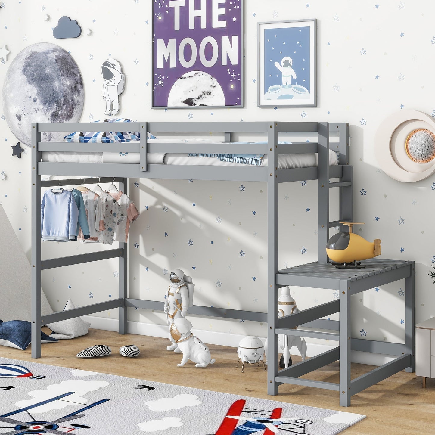 Twin High Loft Bed with Ladder landing Platform, Ladders, Guardrails,Grey - Korvel