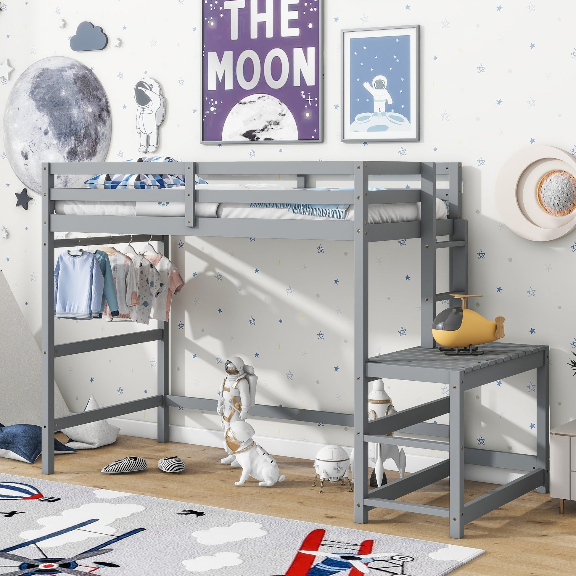 Twin High Loft Bed with Ladder landing Platform, Ladders, Guardrails,Grey - Korvel