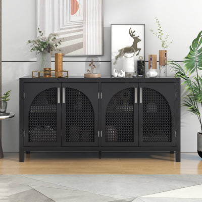 TREXM Large Storage Space Sideboard with Artificial Rattan Door and Metal Handles for Living Room and Entryway (Black) - Korvel