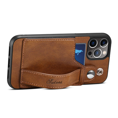 For iPhone 14ProMax Mobile Phone Case Apple iPhone 14Pro Plug-In Card Leather Case Wrist With Back Cover Type Protective Case - Korvel