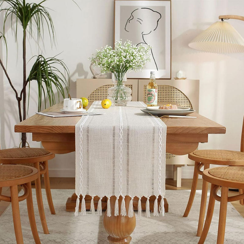 Hand - woven cotton and linen table flag with hollow tassels, suitable for household and rural dining tables - Korvel
