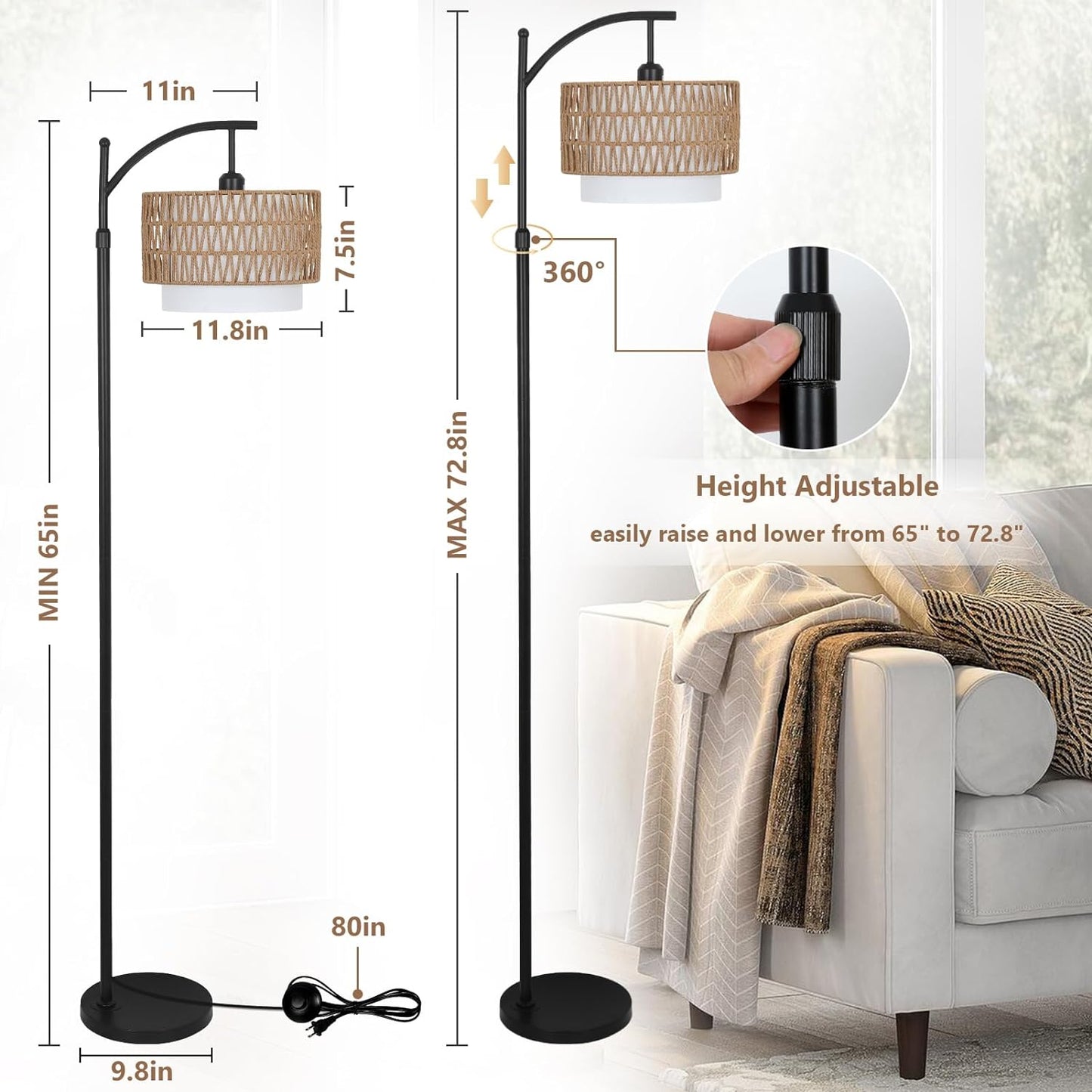 Arc Floor Lamp with Remote Control and Dimmable Bulb