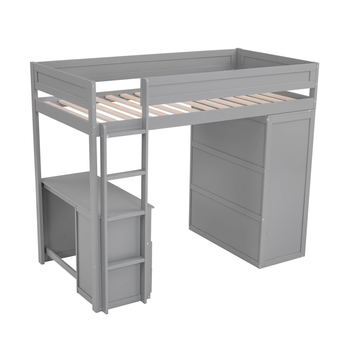Wood Twin Size Loft Bed with Wardrobes and 2-Drawer Desk with Cabinet Gray - Korvel