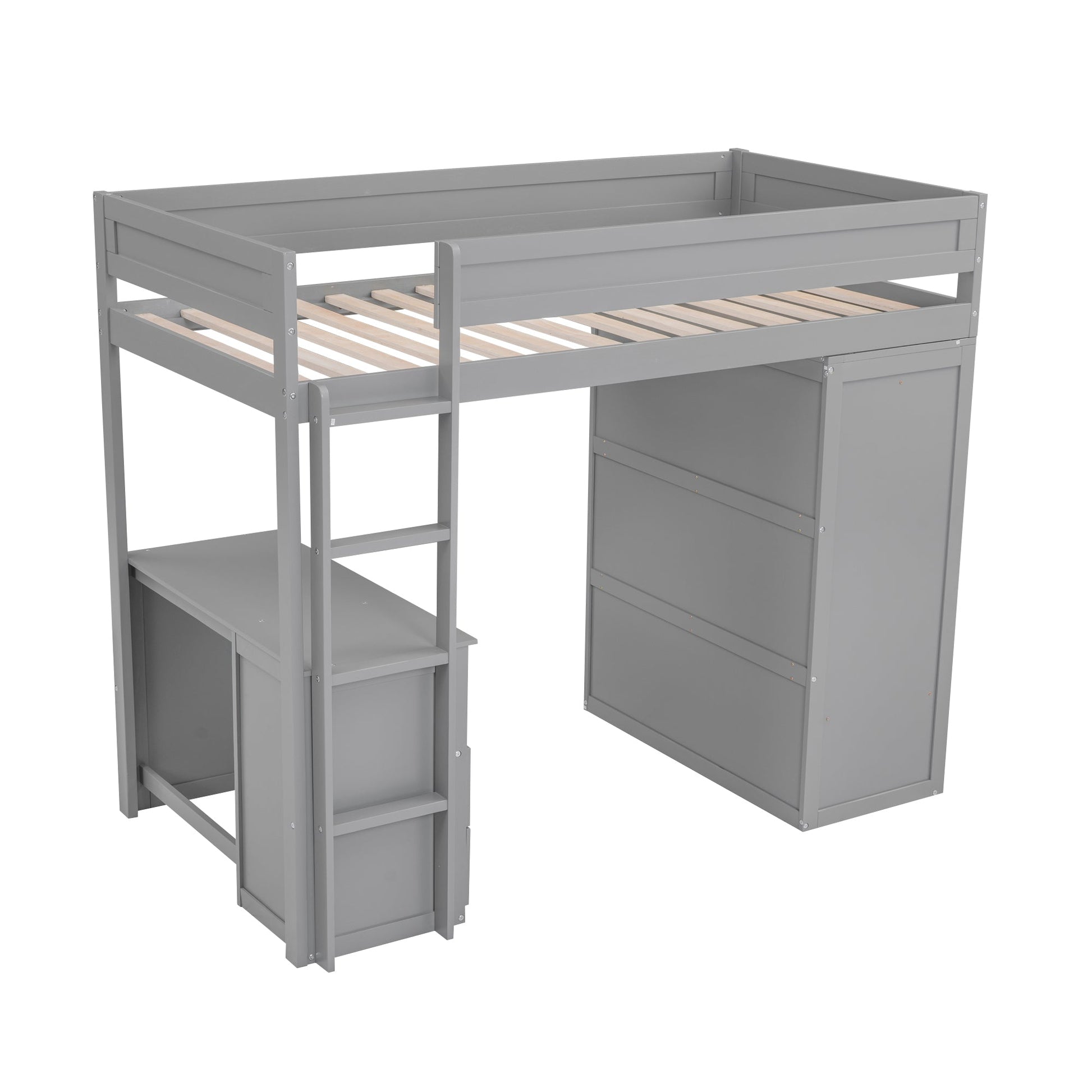 Wood Twin Size Loft Bed with Wardrobes and 2-Drawer Desk with Cabinet Gray - Korvel
