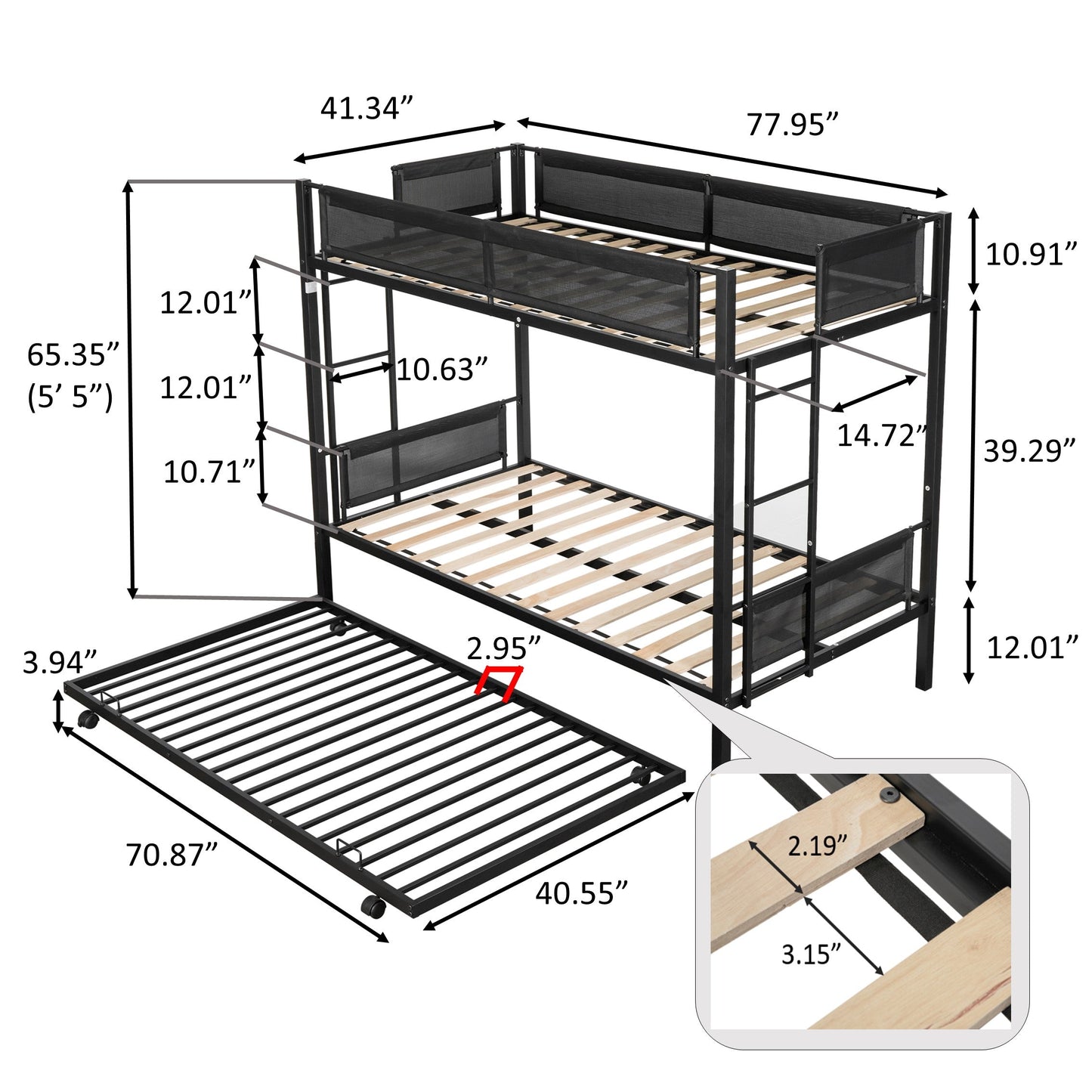 Metal double bed with casters/sturdy frame/no noise/comfortable guardrail/2 side ladders/no need for spring box - Korvel