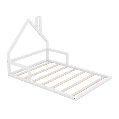 Full Size Wood Floor Bed with House-shaped Headboard  White - Korvel