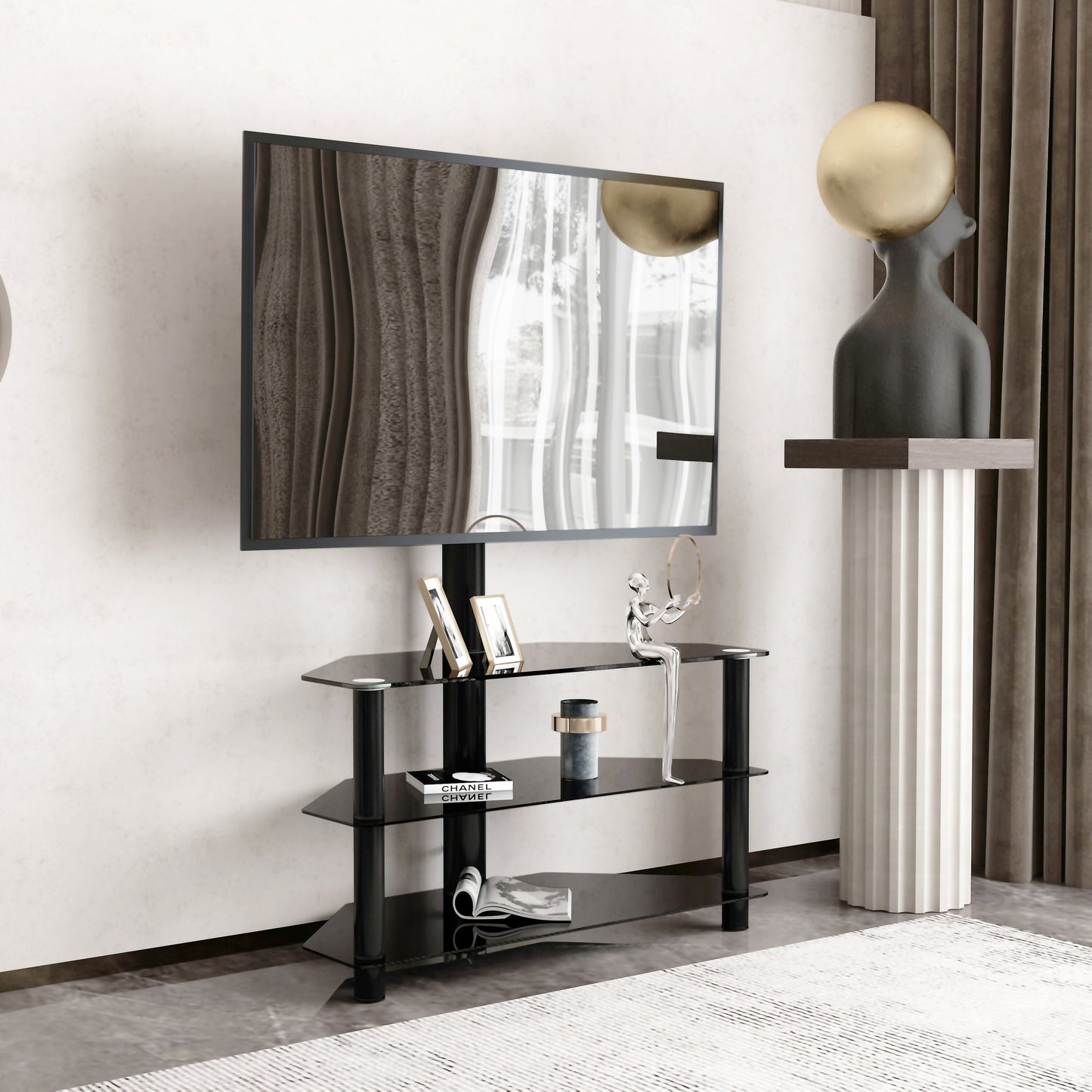35.4 inch Black Multi-function TV Stand Height Adjustable Bracket Swivel 3-Tier - Korvel