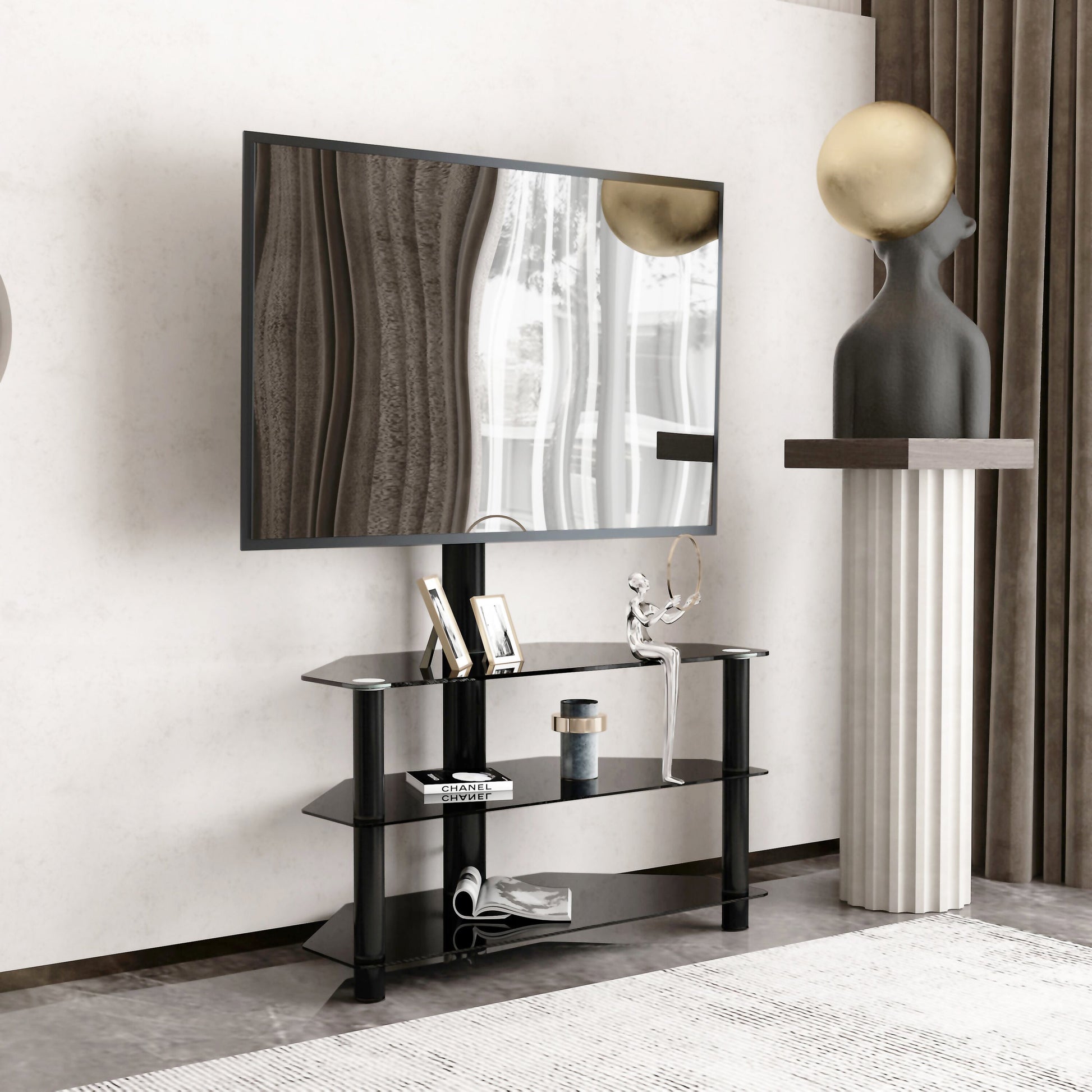 35.4 inch Black Multi-function TV Stand Height Adjustable Bracket Swivel 3-Tier - Korvel