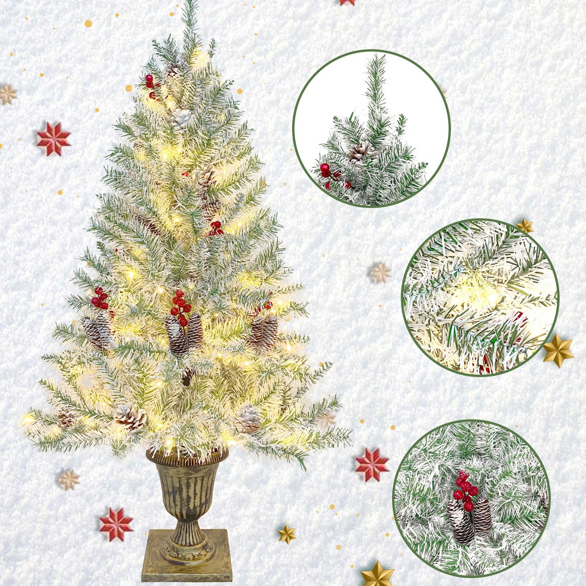 Pre-lit Xmas Tree Artificial Christmas 4-Piece Set,Garland, Wreath and Set of 2 Entrance Trees X-mas - Korvel