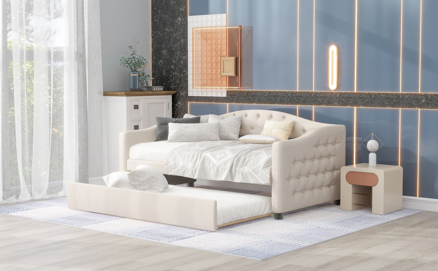 Upholstered Twin Size Daybed with Trundle, Beige - Korvel
