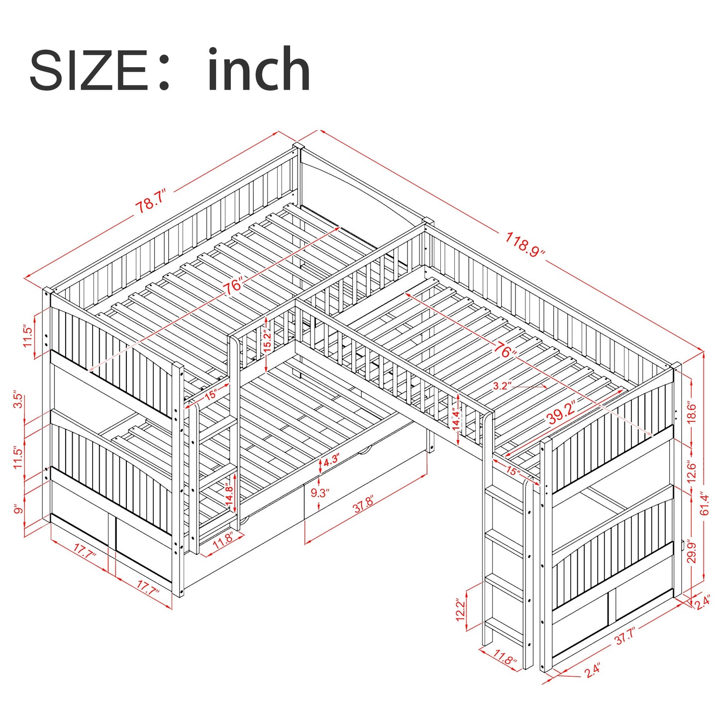 Twin Size Bunk Bed with a Loft Bed attached, with Two Drawers,Gray - Korvel
