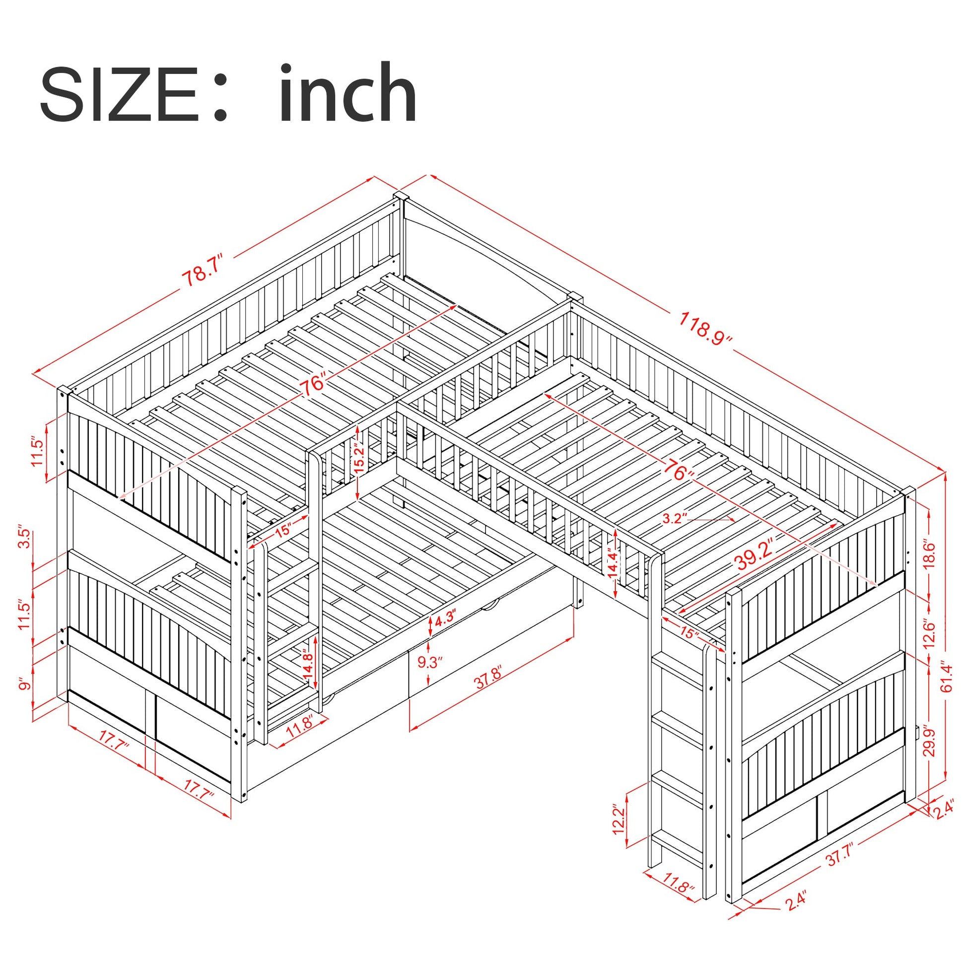 Twin Size Bunk Bed with a Loft Bed attached, with Two Drawers,Gray - Korvel