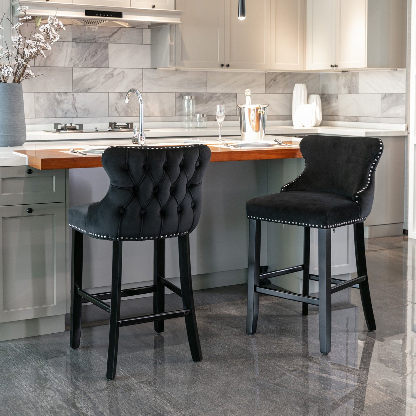 Elegant Black Velvet Wing Back Bar Stool Set of 2