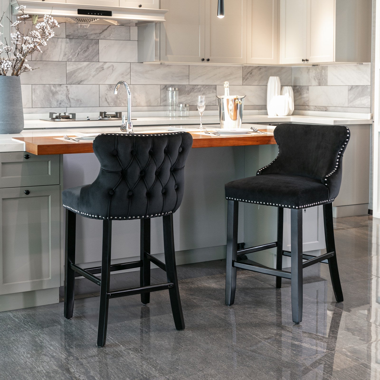 Velvet padded wing back bar stool with button cluster decoration and wooden leg chrome nail head decoration 2-piece set (black) - Korvel