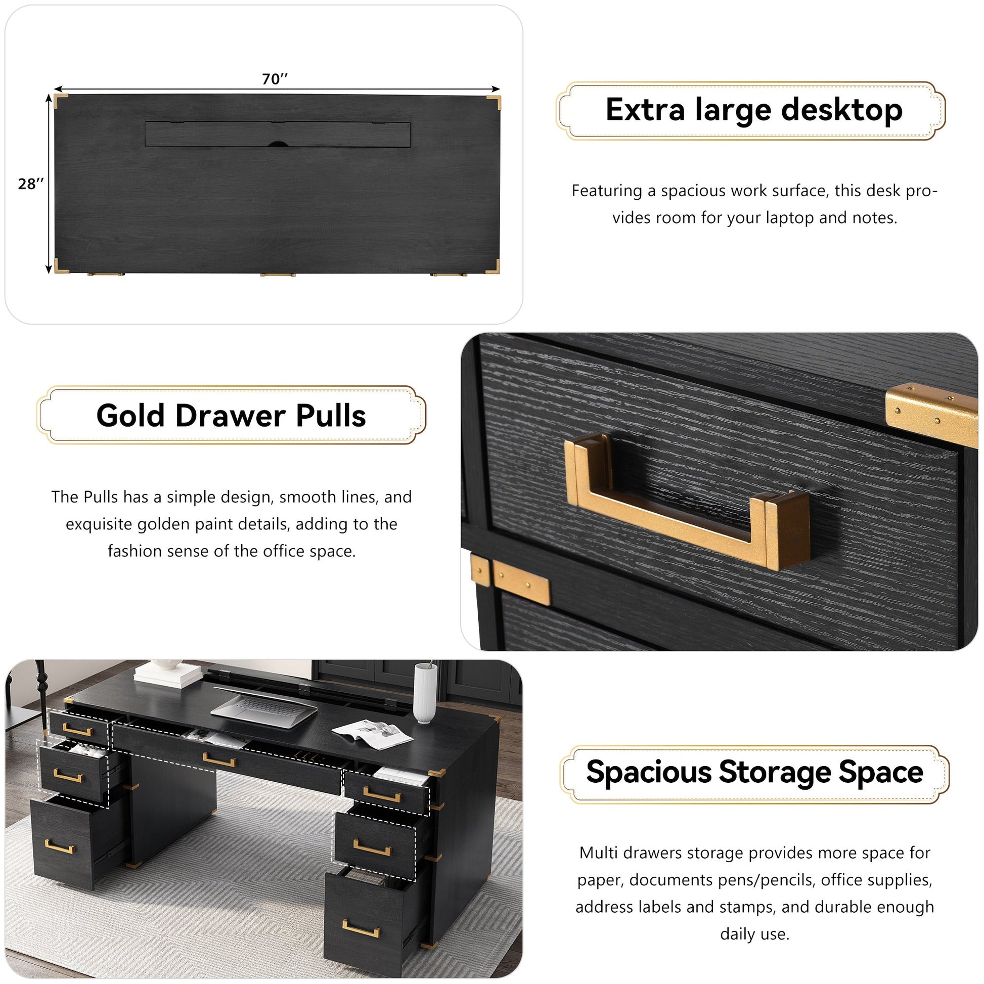 70 inch classic and traditional executive desk with metal trim, writing desk with 2 file drawers, USB ports, and sockets, black - Korvel