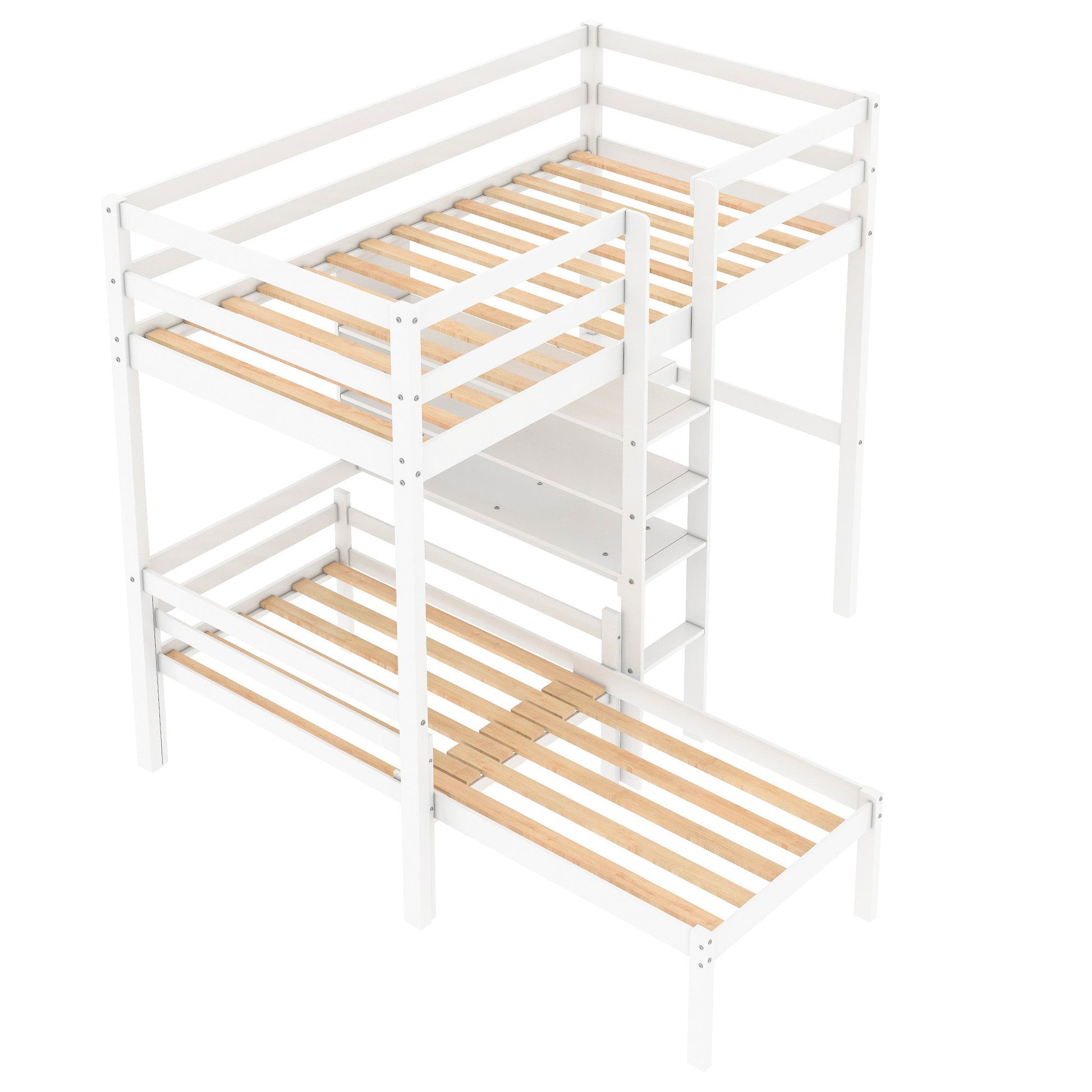 Convertible Loft Bed with L-Shape Desk, Twin Bunk Bed with Shelves and Ladder White - Korvel