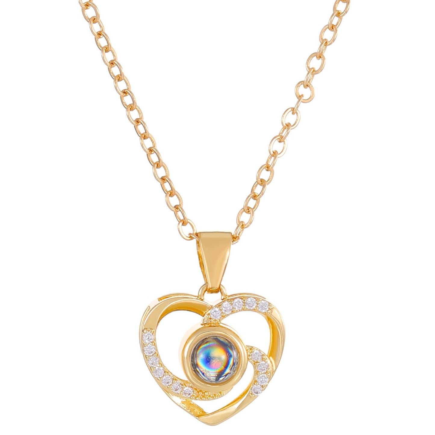 Diamond studded heart-shaped projection necklace in 100 languages. I love you, heart-shaped pendant, couple necklace - Korvel