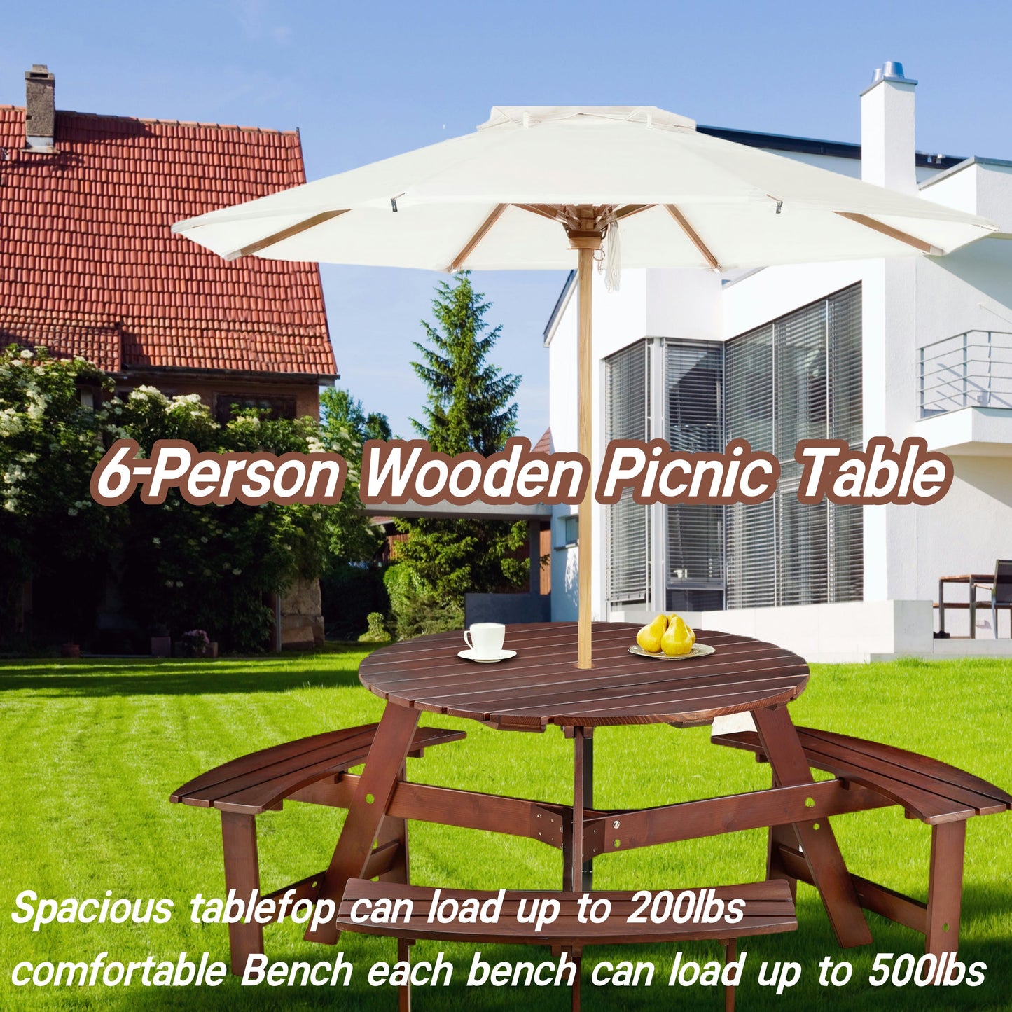 6-person circular picnic table with 3 built-in benches, umbrella holes, outdoor tables and chairs brown bench set - Korvel