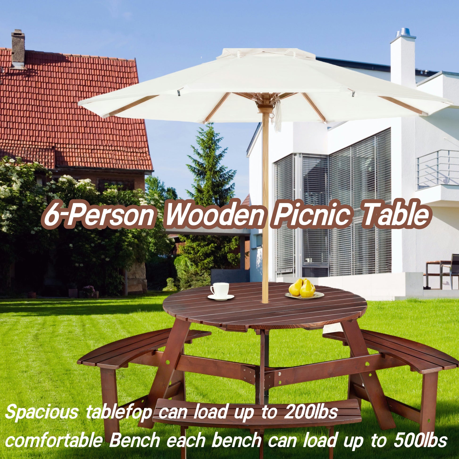 6-person circular picnic table with 3 built-in benches, umbrella holes, outdoor tables and chairs brown bench set - Korvel