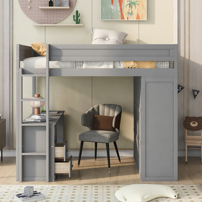 Wood Full Size Loft Bed with Wardrobes and 2-Drawer Desk with Cabinet  Gray - Korvel