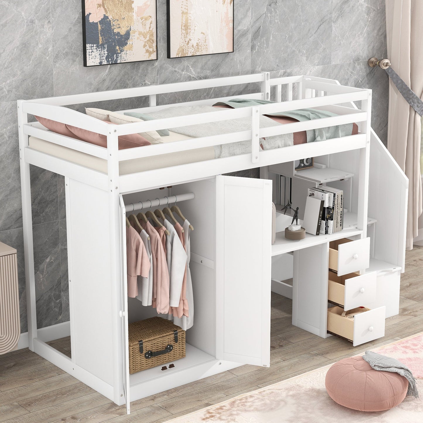 Elegant Twin Size Loft Bed with Wardrobe and Desk in White