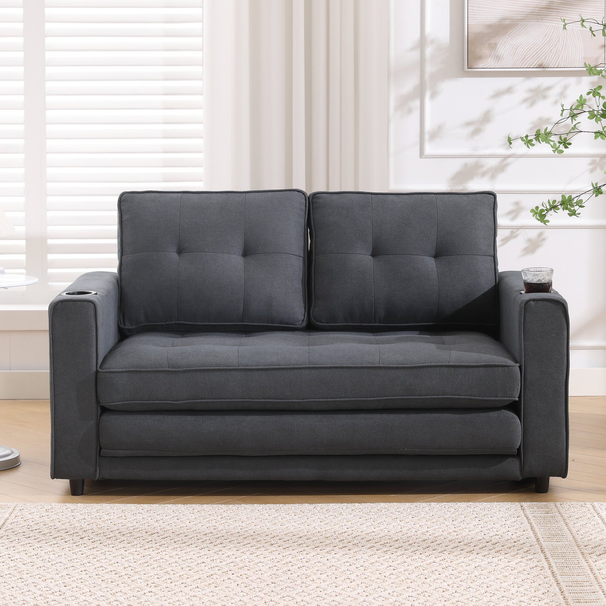 Three in one soft cushion cushion cushion sofa, folding mattress sofa bed, with side pockets and cup holder, dark gray - Korvel