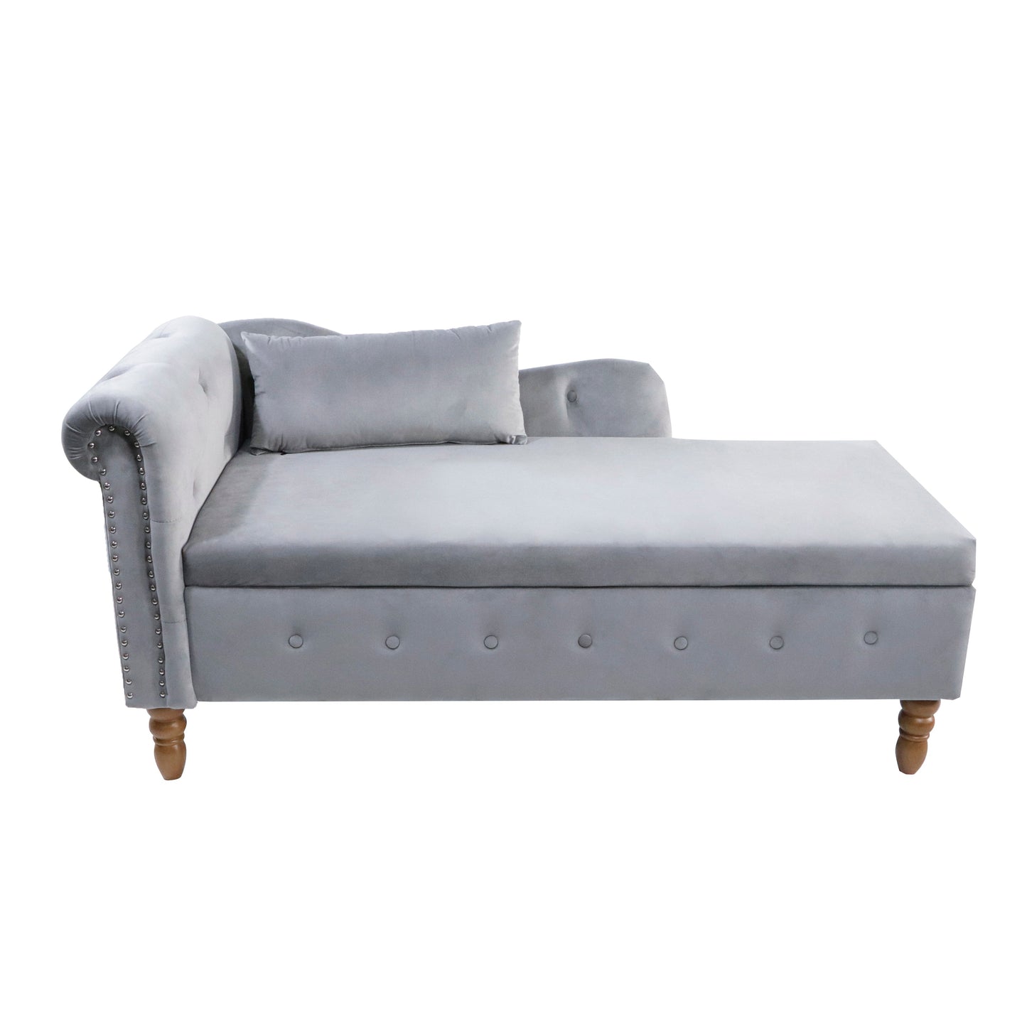 Chaise longue en velours gris avec rangement et coussin