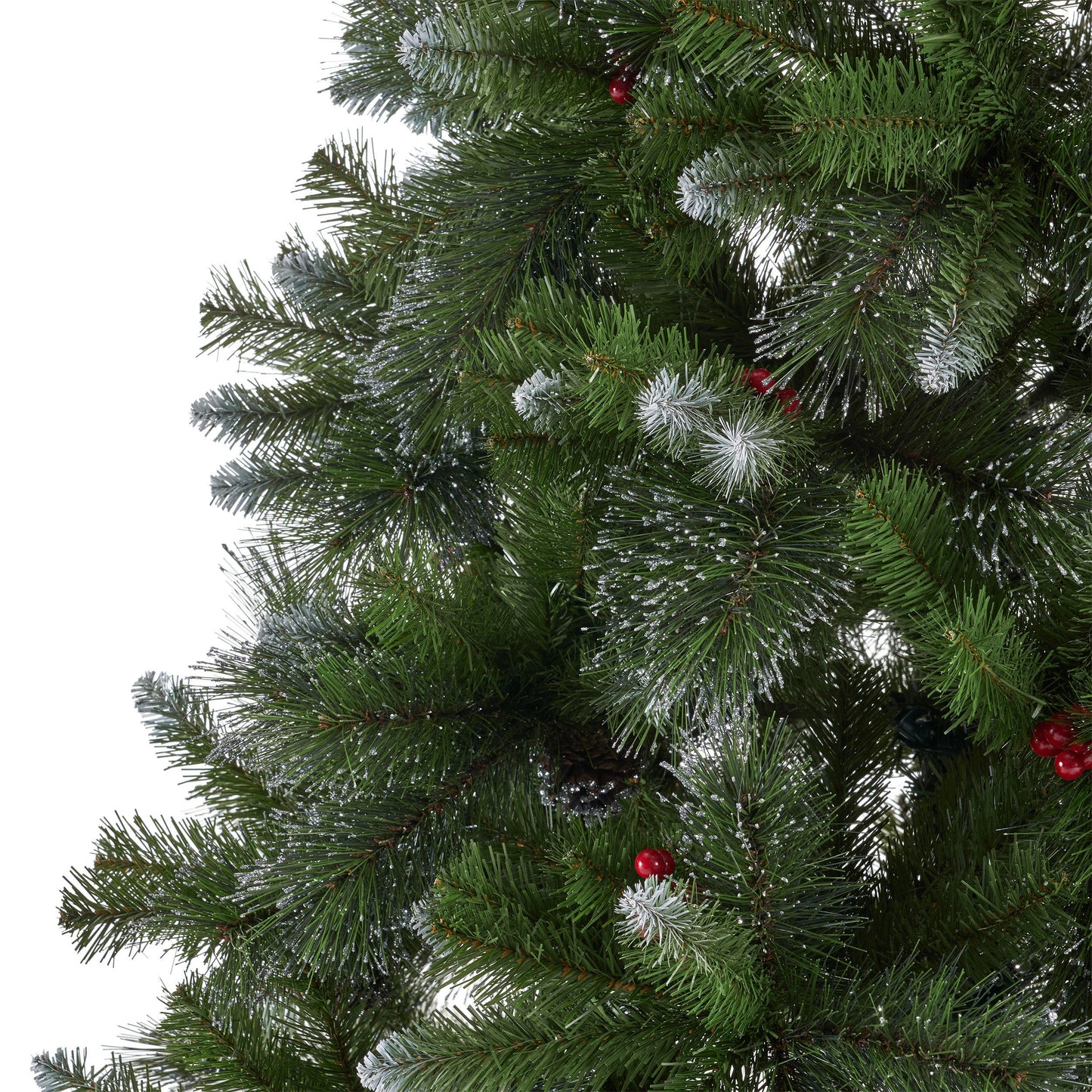 9' Glitter Bristle Mixed Hinged Tree with 72 Red Berry and 73 Pine Cones and 2099 tips,Dia:66 - Korvel