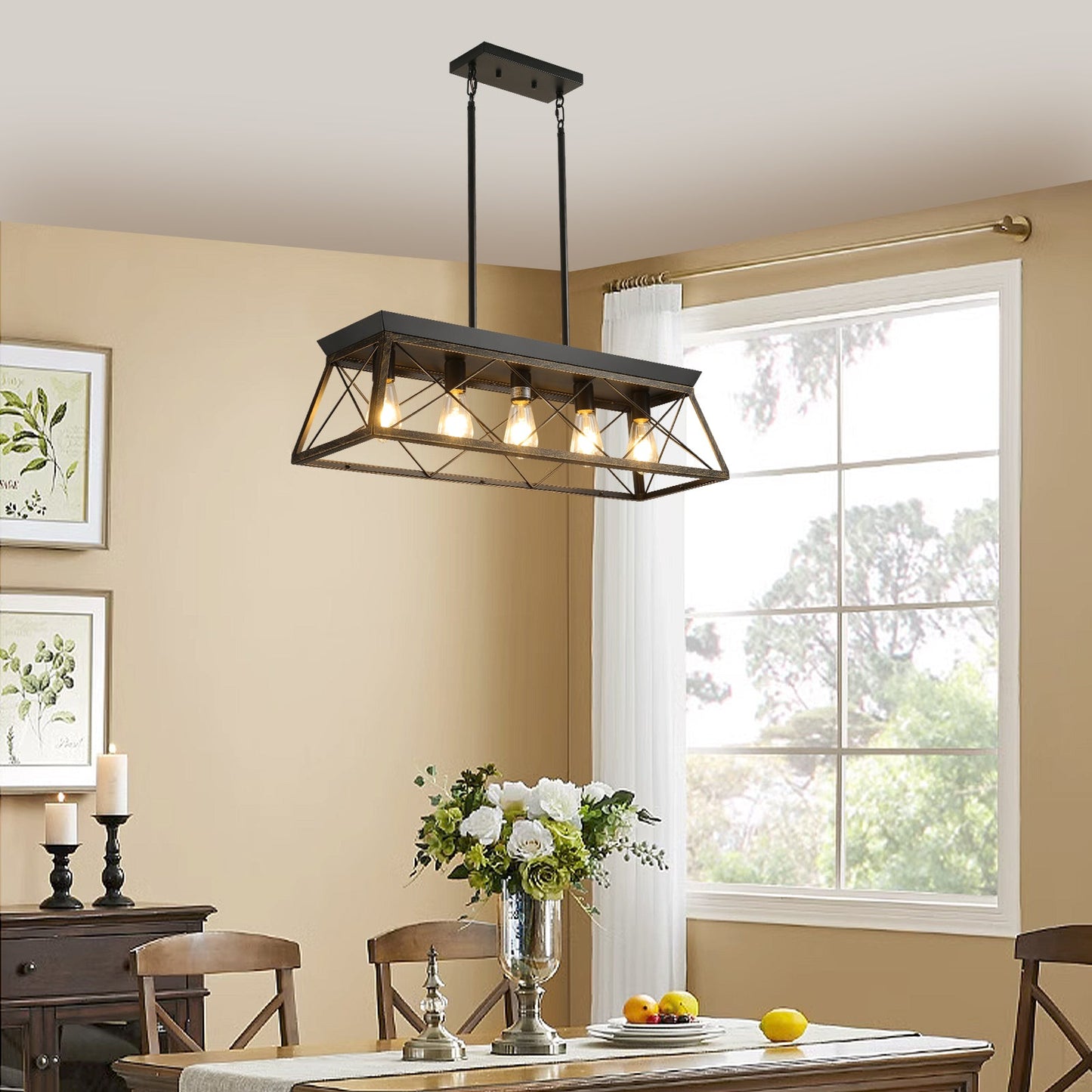 5-Light Farmhouse Chandeliers for Dining Room Metal Rustic Pendant Island Light  Modern Rectangular Island Lights (No Bulbs) - Korvel