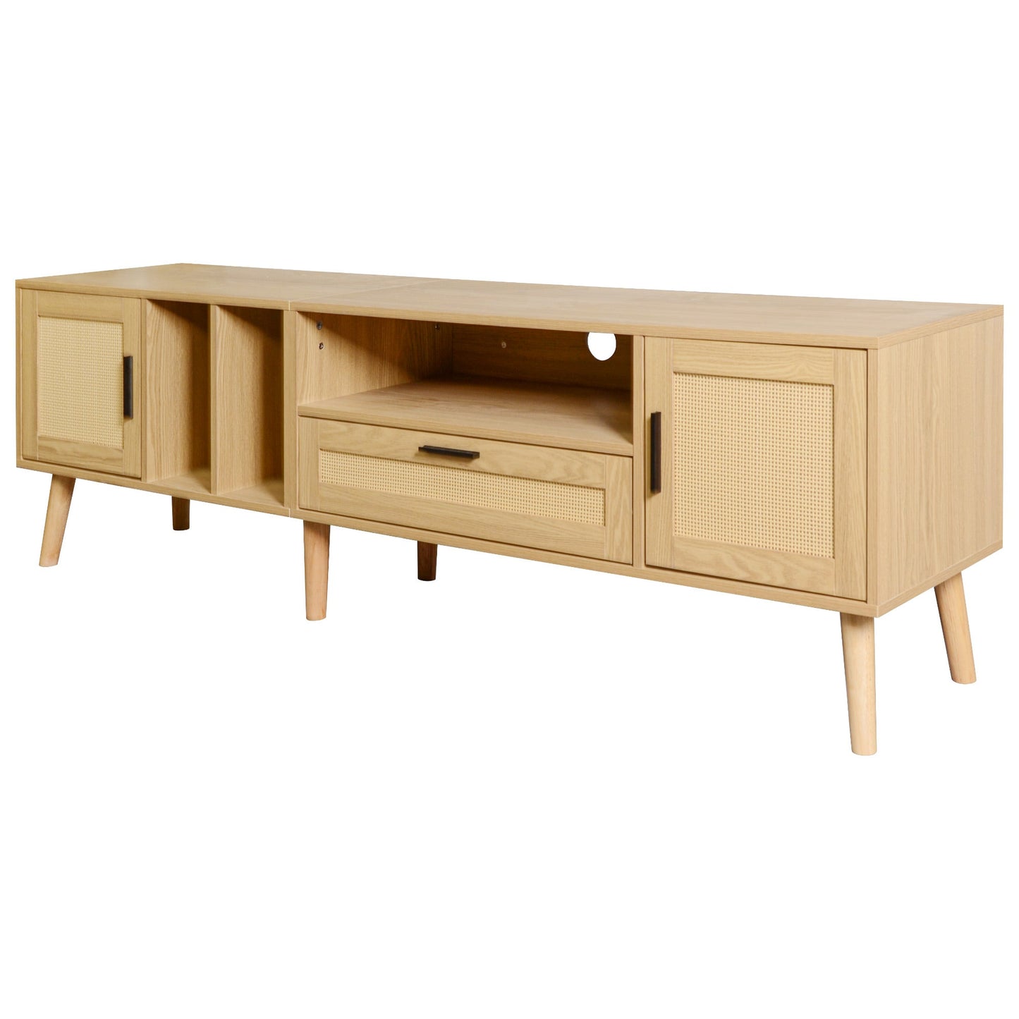 Vine TV stand with 2 cabinets and 2 open shelves, suitable for TVs under 80 inches, with solid wood legs for TV cabinets - Korvel