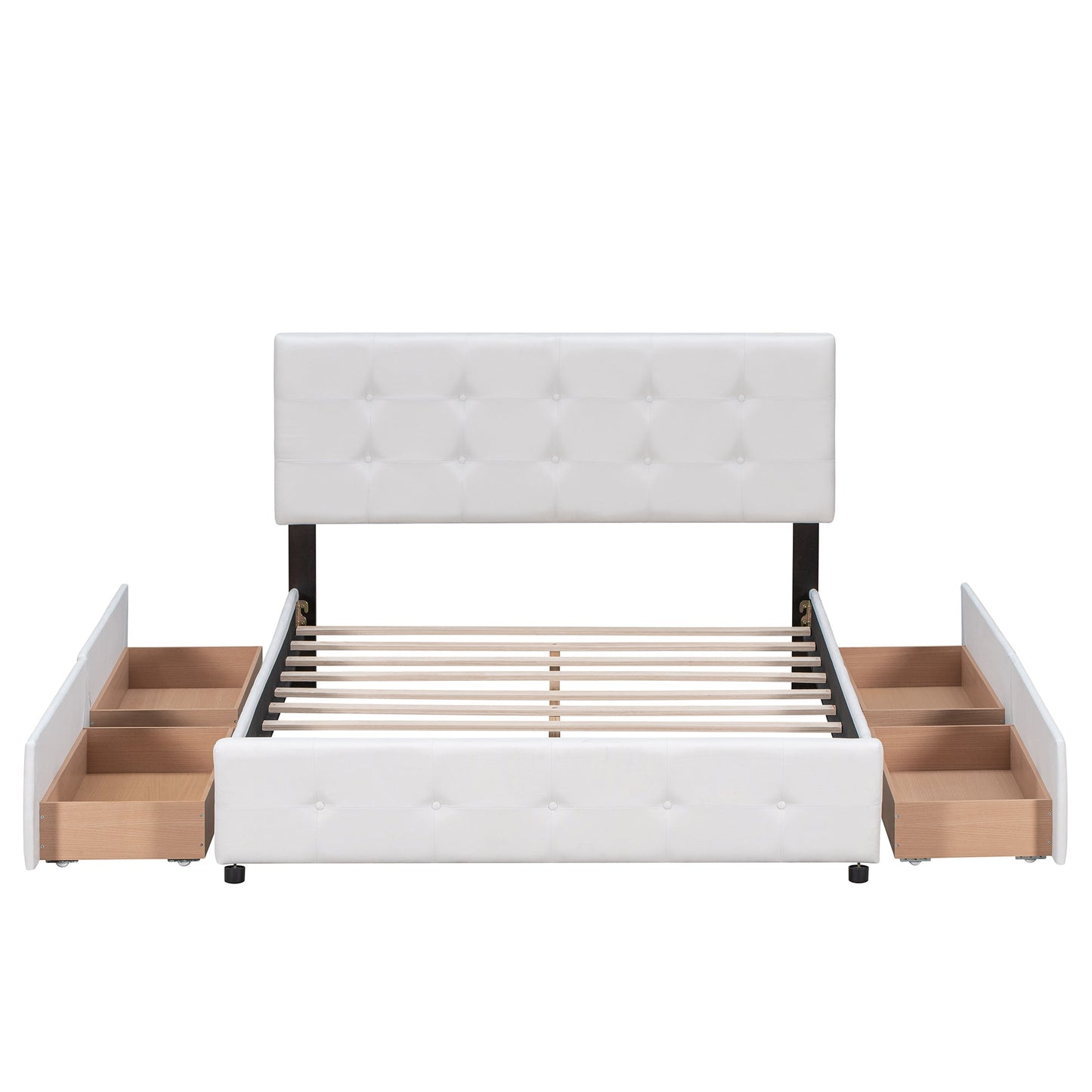 Upholstered Platform Bed with Classic Headboard and 4 Drawers No Box Spring Needed Linen Fabric Queen Size White - Korvel