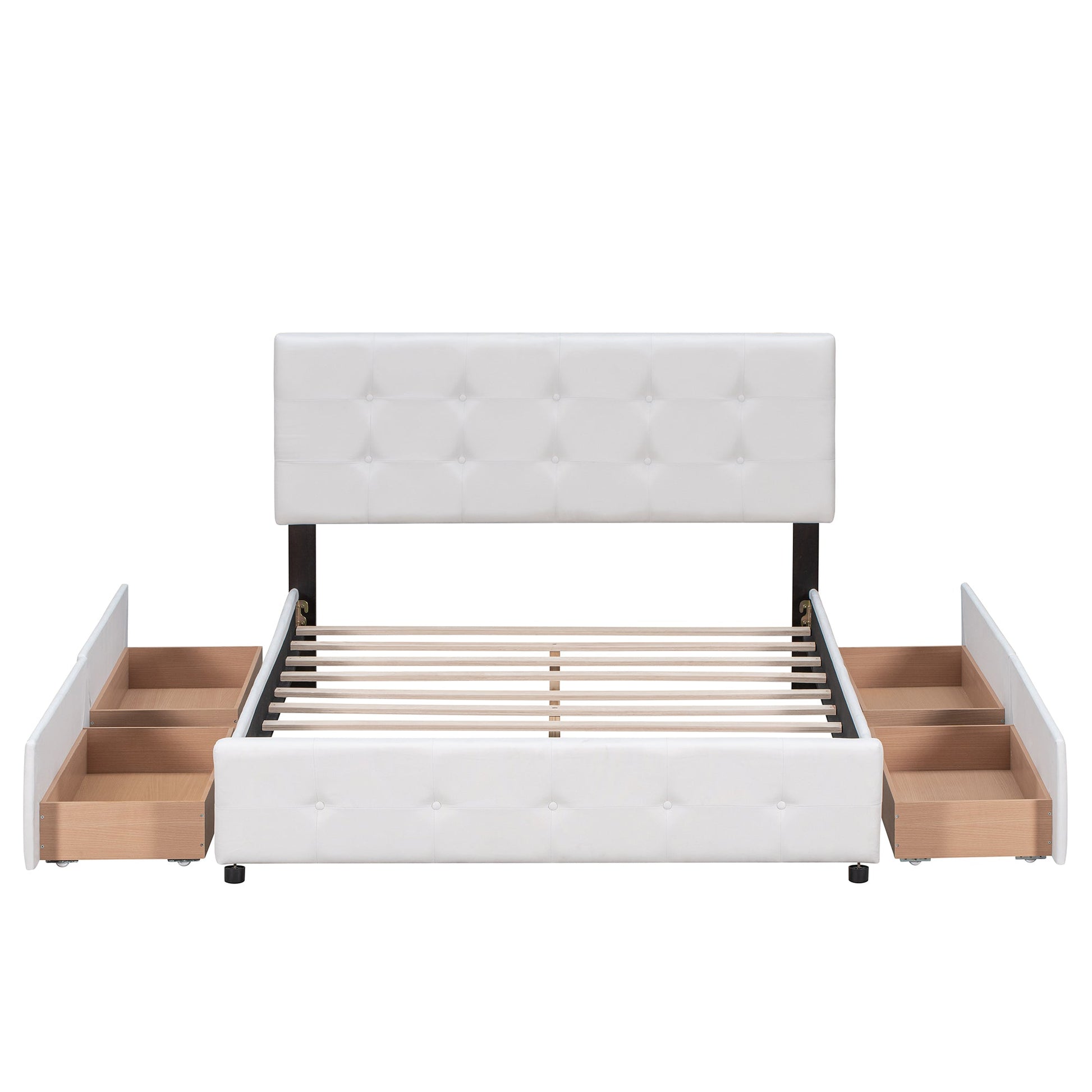 Upholstered Platform Bed with Classic Headboard and 4 Drawers No Box Spring Needed Linen Fabric Queen Size White - Korvel