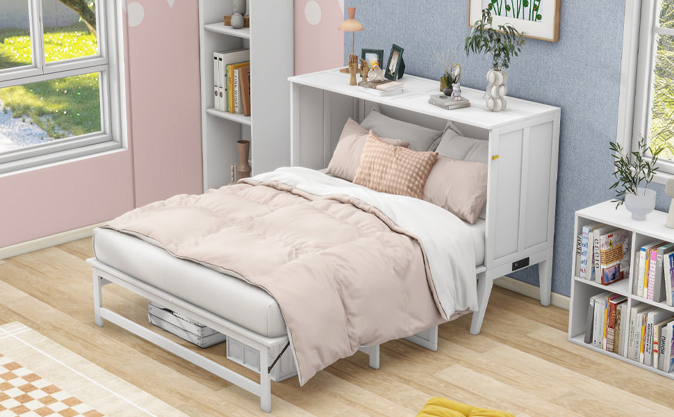Queen Size Murphy Bed with Built-In Charging Station and a Shelf  White - Korvel