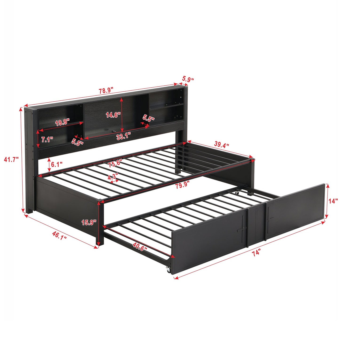 Metal Twin Size Daybed with Trundle, Storage & USB Ports - Black