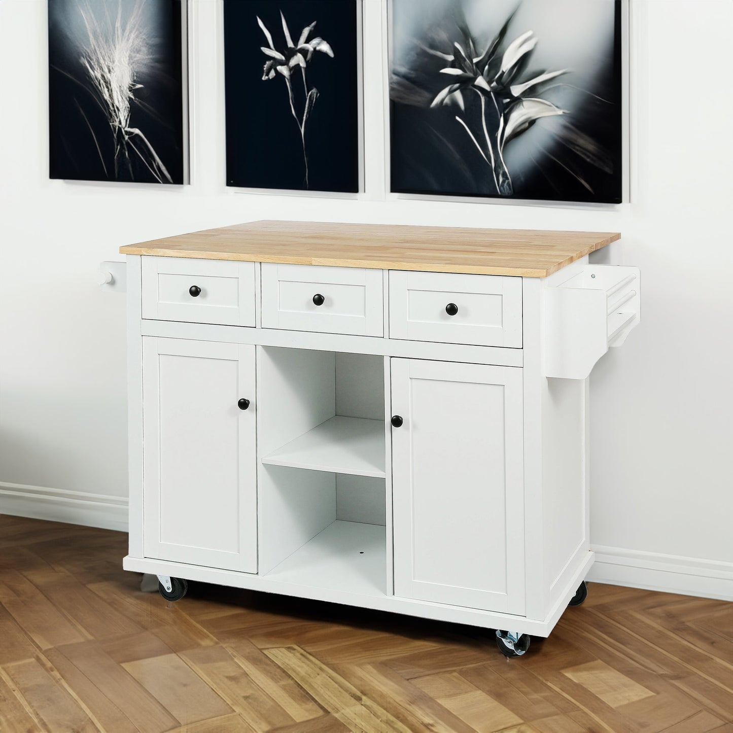 Kitchen trolley with rubber wood leaf countertop, 5-wheel kitchen island, storage cabinet and 3 dining drawers, white - Korvel