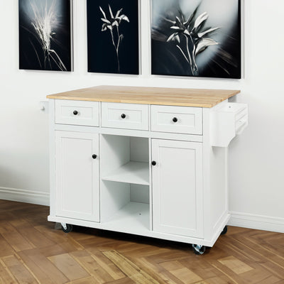 Kitchen trolley with rubber wood leaf countertop, 5-wheel kitchen island, storage cabinet and 3 dining drawers, white - Korvel