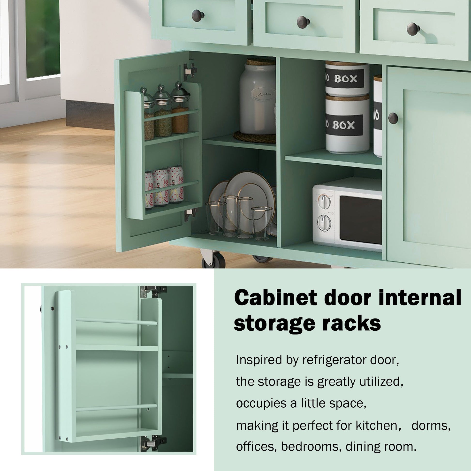 Kitchen trolley, cabinet door internal storage rack with storage cabinet and 3 dining room drawers, mint green - Korvel