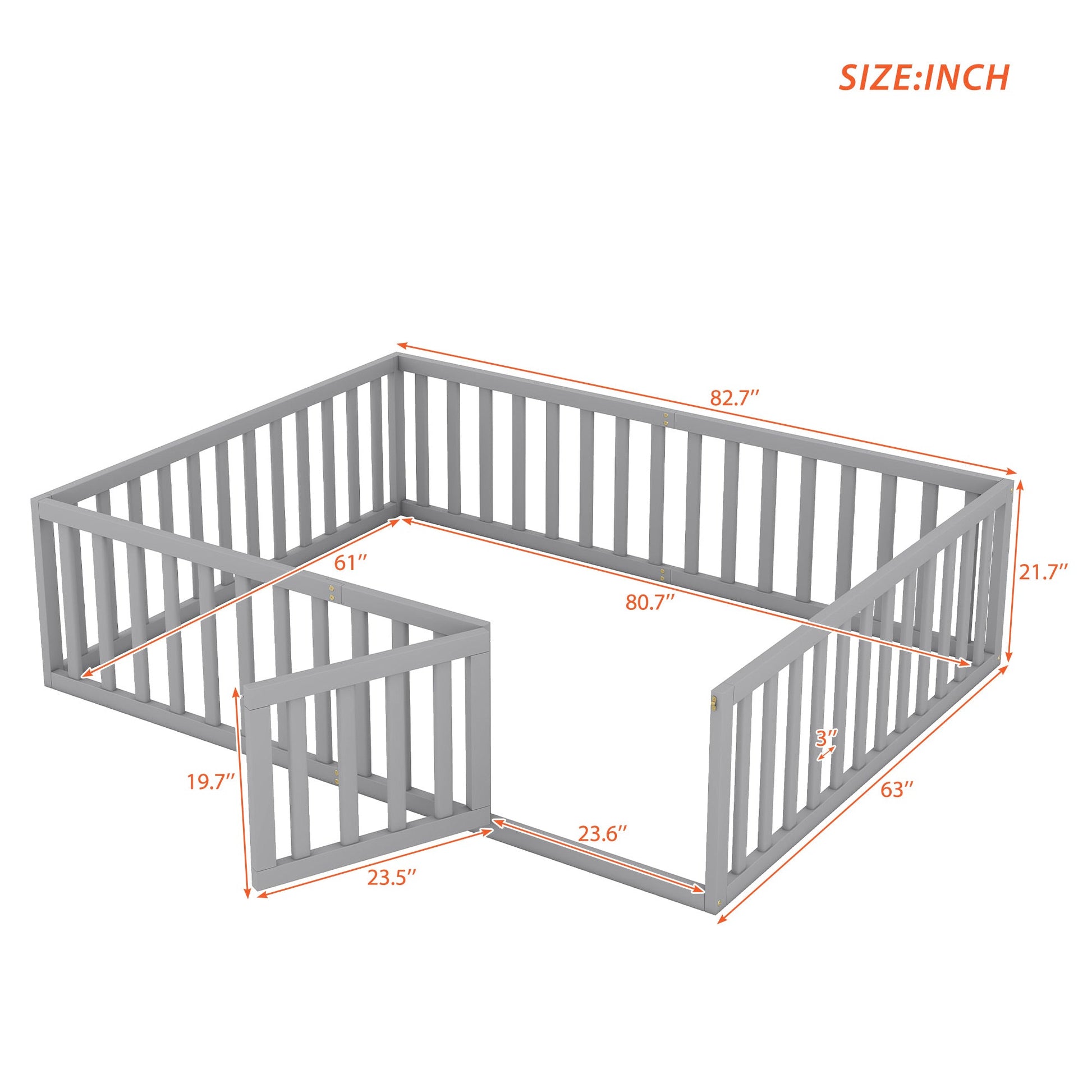 Queen Size Wood Floor Bed Frame with Fence and Door Gray(OLD SKU:WF289663AAE) - Korvel