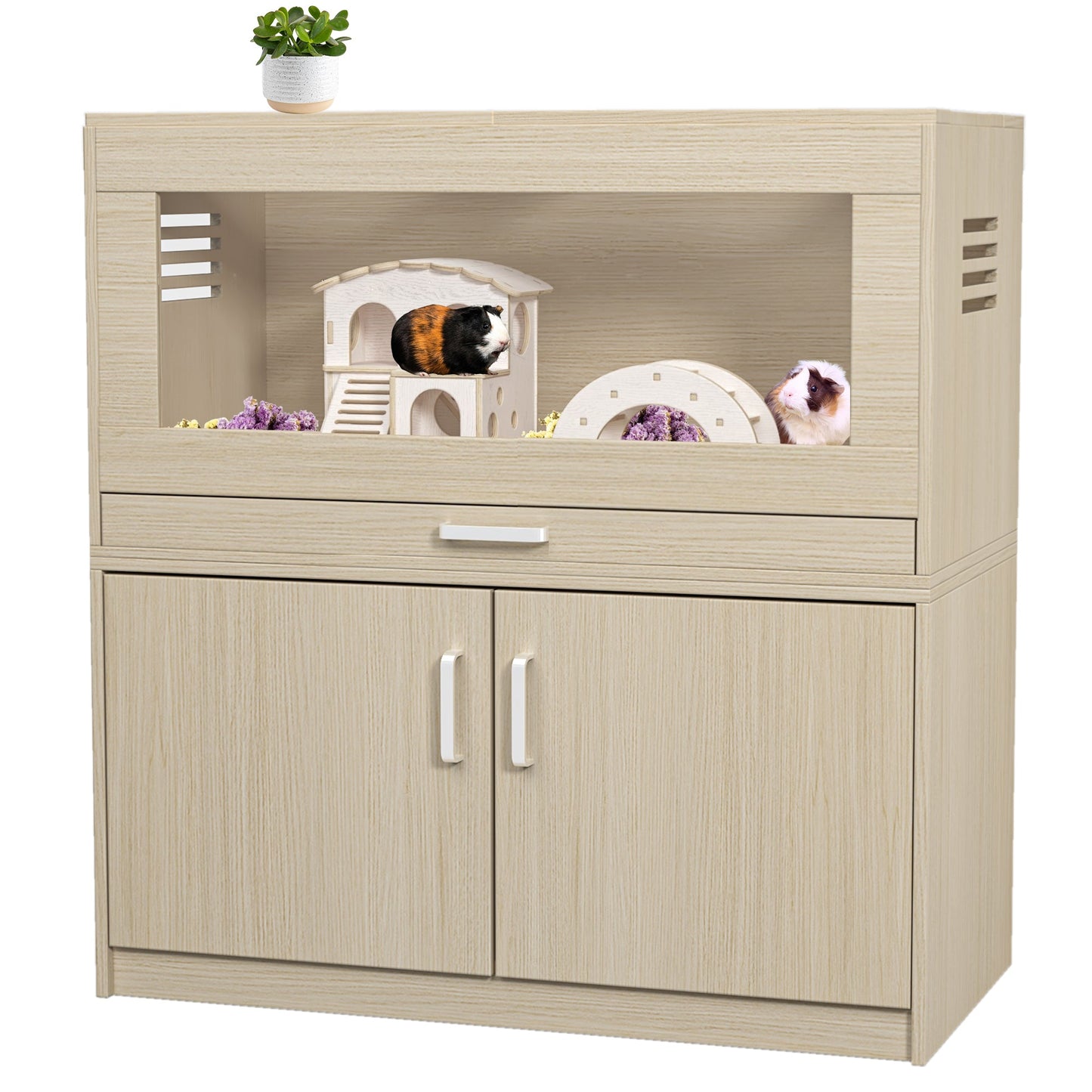 Squirrel cage acrylic panel with independent storage cabinet and wooden guinea pig room with bridge (L 31.50 x W 15.75 x H32.28) - Korvel