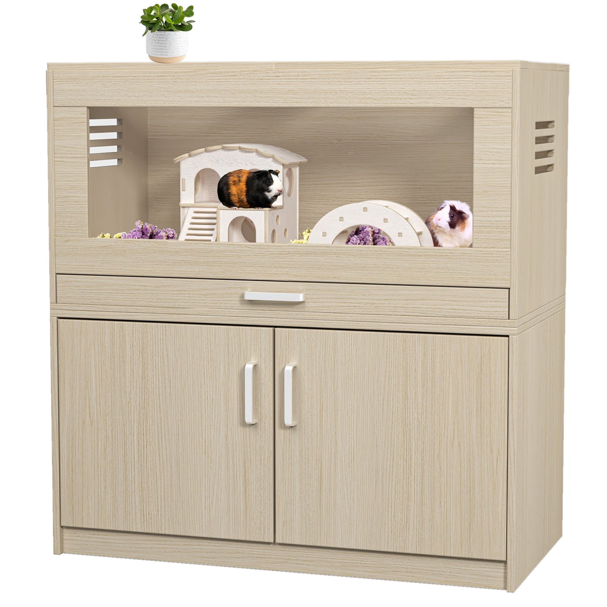 Squirrel cage acrylic panel with independent storage cabinet and wooden guinea pig room with bridge (L 31.50 x W 15.75 x H32.28) - Korvel