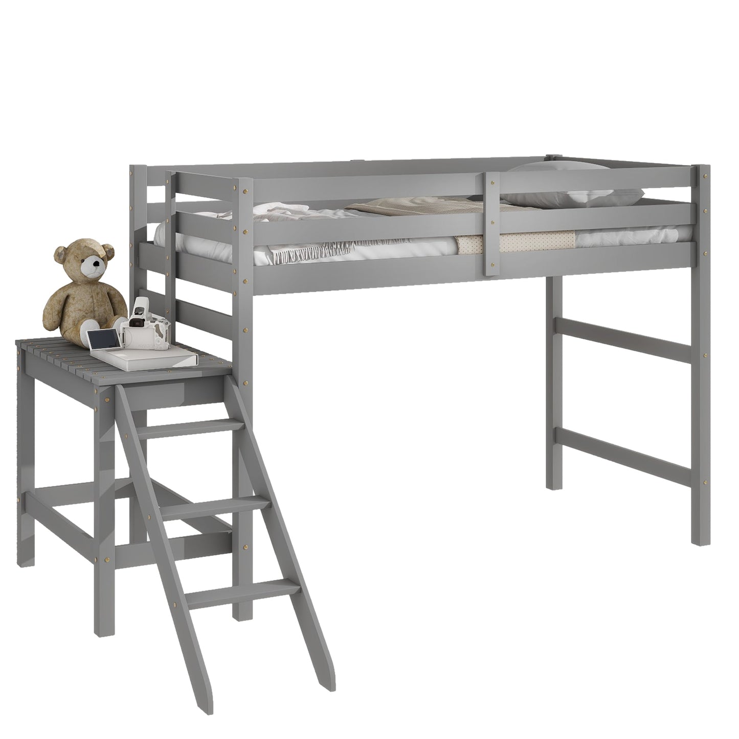 Premium Twin Loft Bed with Platform and Ladder in Grey