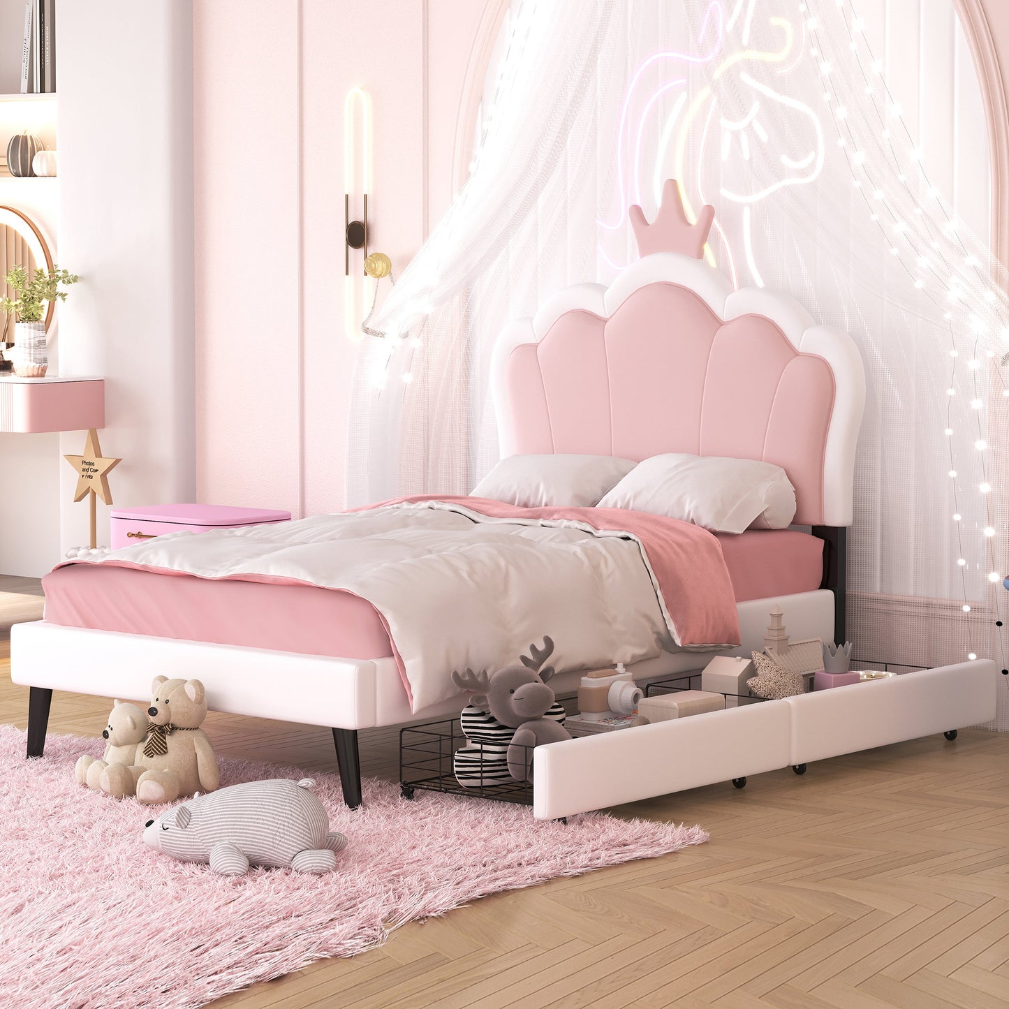 Twin Size Upholstered Princess Bed with Crown Headboard