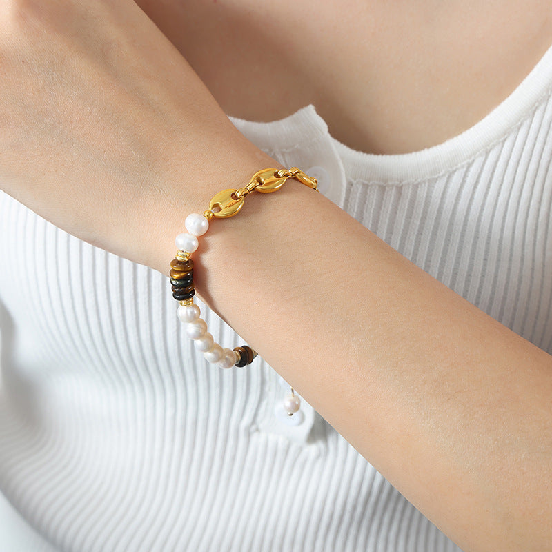 Pulsera de Perlas de Agua Dulce y Piedra Ojo de Tigre