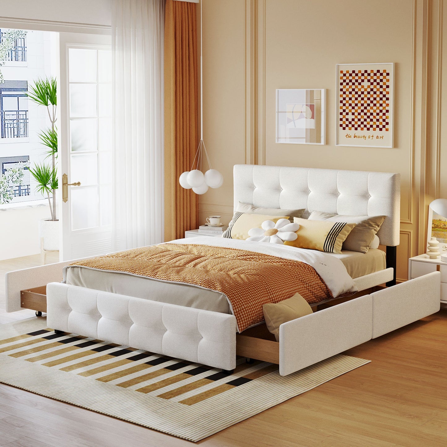 Upholstered Platform Bed with Classic Headboard and 4 Drawers No Box Spring Needed Linen Fabric Queen Size White - Korvel