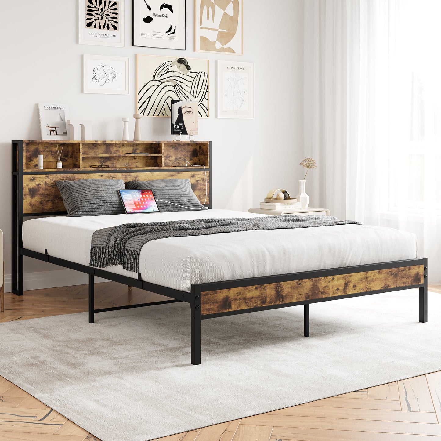 Queen Bed Frame with Storage Headboard and Charging Station - Black