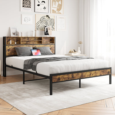 Queen Bed Frame with Storage Headboard and Charging Station - Black