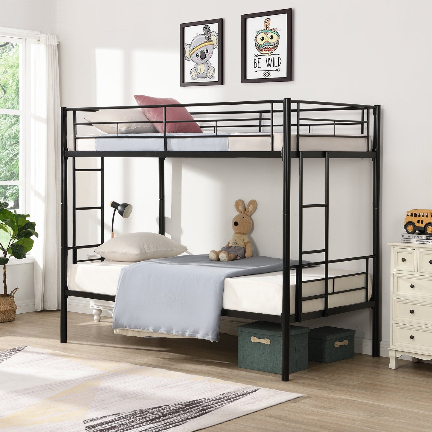 Premium Bunk Bed with Dual Ladders and Guardrail - Black