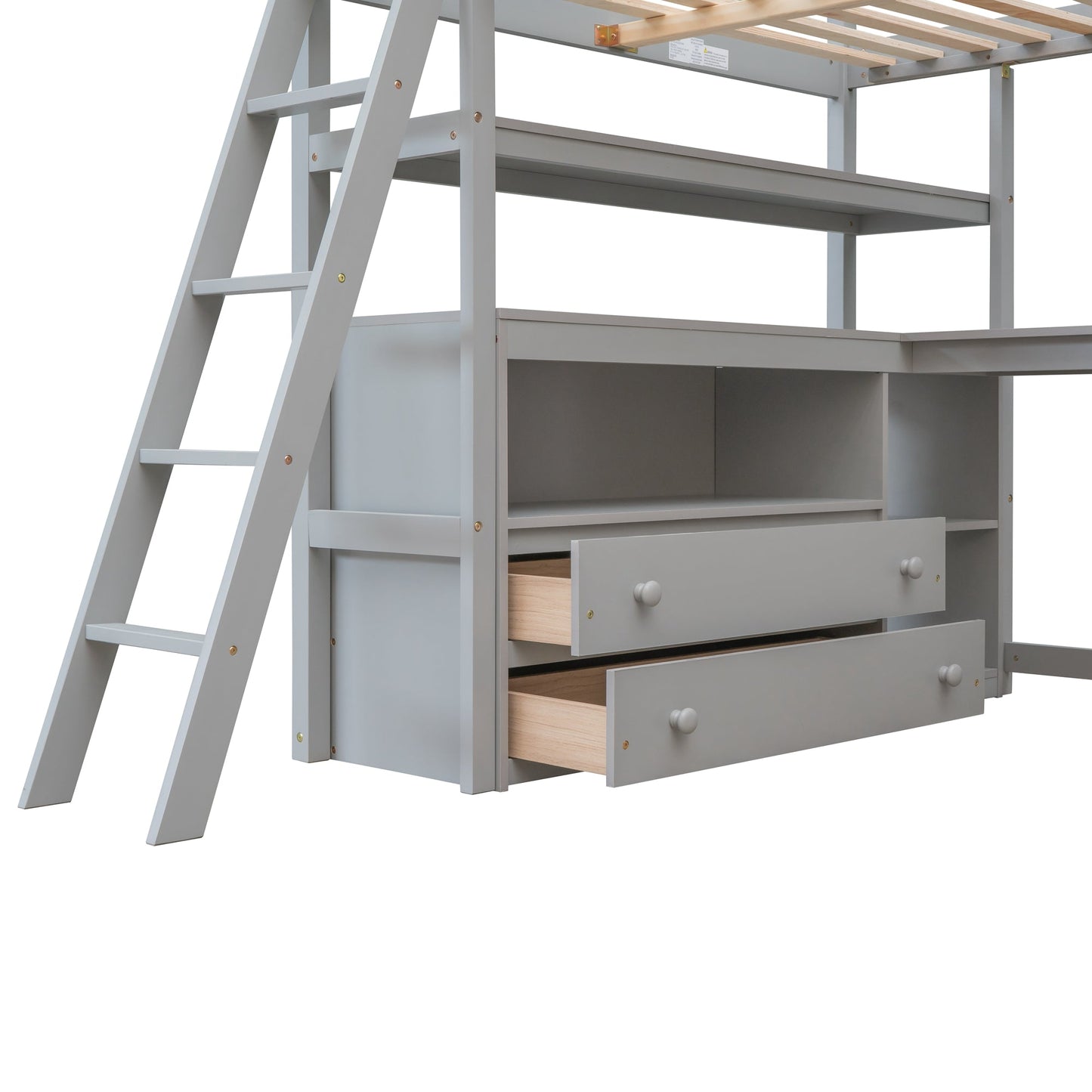 Full Size Loft Bed with Desk and Shelves - Gray